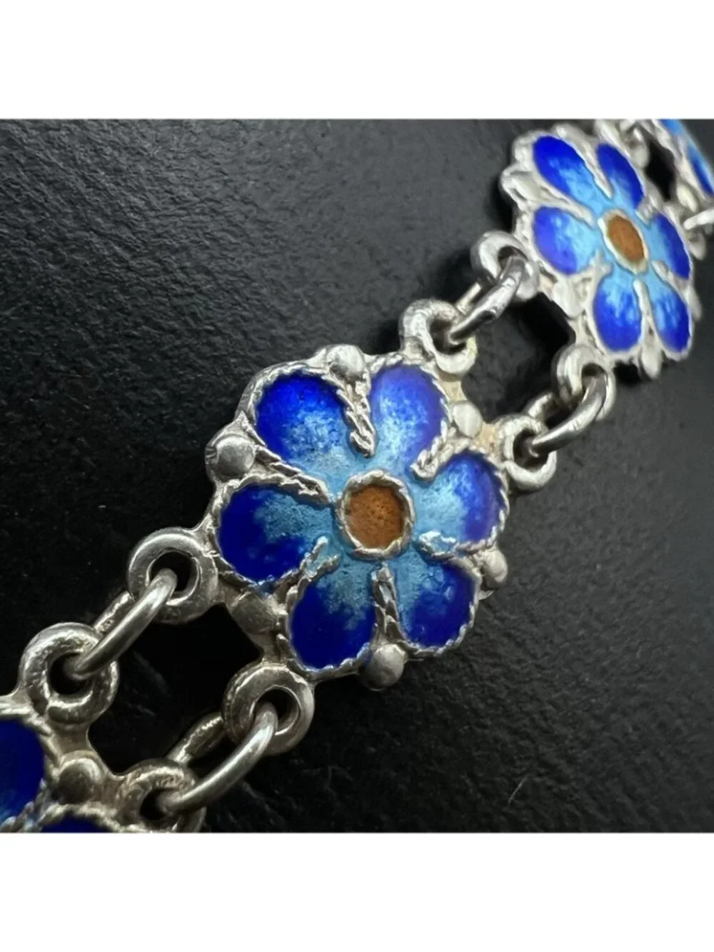 Vintage Sterling Silver Blue Enamel Forget-Me-Not Panel Link Bracelet 7.5